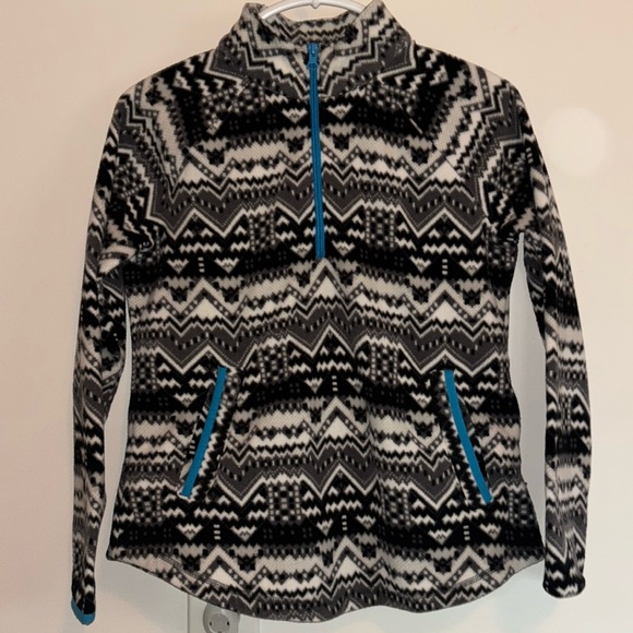 T by Talbots Half Zip Geo Print Fleece Pullover Kangaroo🦘Pocket, Size P - Picture 1 of 15